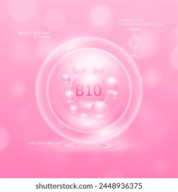 Vitamin B10 solution pink and chemical structure of 4-Aminobenzoic acid. Collagen serum hyaluronic acid moisturizer with antioxidants for brighter skin. Cosmetic beauty nutrition. Vector.