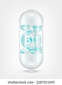 Vitamin B11 blue inside capsule pill transparent white. Health care beauty enhancement neutralize free radicals. Used for nutrition products food template design. 3D Realistic Vector EPS10.