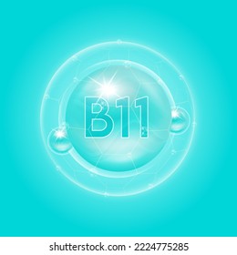 Vitamin B11 blau. Vitaminkomplex und Bubble Collagen Serumchemikalie. Für Nahrungsergänzungsmittel Design und Schönheitsbehandlung Hautpflege. Medizinische und wissenschaftliche Konzepte. 3D-Vektorgrafik EPS10.
