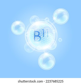 Vitamin B11 und das Bubble-Atom-Molekül Kollagen-Serum-chemische Formel Schutzhaut. Pflegemittel gegen Alter. Auf blauem Hintergrund. 3D-Vektorgrafik.