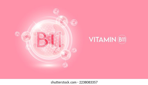 Vitamin B11 and bubble atom molecule collagen serum chemical formula shield protection skin. Skincare anti age nutrition supplement multivitamin complex. On pink background. 3D vector.