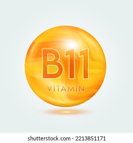 Vitamin B11 capsule orange golden. Beauty nutrition skincare. Vitamins complex isolated on gray background. For product design. Medical and scientific concepts. Icon 3D Vector EPS10.