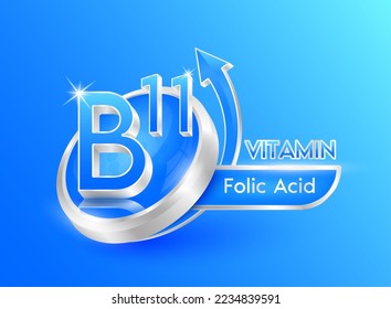 Vitamin B11 in circle shape blue with arrow. Used for designing dietary supplements or beauty products. Medical concepts. Isolated 3d icon. Vector EPS10 illustration.