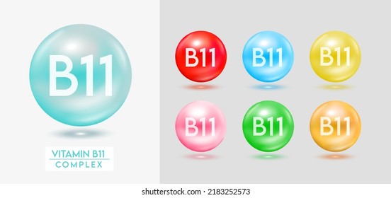 Vitamin B11 complex. Set of colorful balls multivitamins capsules minerals isolated on grey background. Dietary supplement for pharmacy advertisement, package design. Vector EPS10.