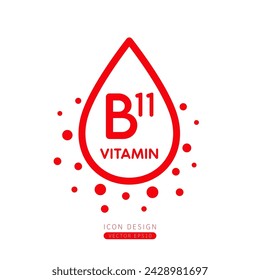 Icono de cuentagotas de vitamina B11 rojo con colágeno de burbuja circundante aislado sobre fondo blanco. Forma una línea simple para diseñar productos de belleza médica. Símbolo para uso en medios publicitarios. Vector.