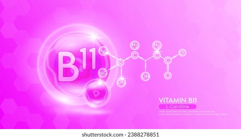 Vitamin B11 essential supplement to the health body. Pink vitamins complex and chemical formula structure. Minerals collagen serum. Beauty nutrition skin care design or cosmetic. 3D vector.