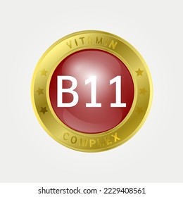  Vitamin B11 icon structure circle brown. gold border. Pill complex, collagen serum chemical formula. Beauty treatment nutrition skin care design, healthy. Medical, scientific. 3D Vector EPS10.