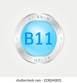 Vitamin B11 Icon structure circle blue. silver border. 3D vector EPS10. Pill complex, collagen serum chemical formula. Beauty treatment nutrition skin care design, healthy. Medical, scientific. 