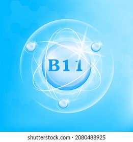 Vitamin B11 icon structure light blue substance. Drug business concept. Medicine health symbol of thiamine. 3D Vector Illustration. Vitamin complex with chemical formula. Personal care, beauty concept