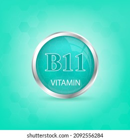 Vitamin B11 icon structure light blue substance. Personal care, beauty concept. Medicine health symbol of thiamine. Drug business concept. Vector Illustration. 3D Vitamin complex with chemical formula