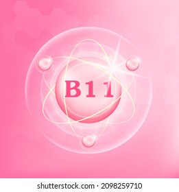 Vitamin B11 icon structure light pink substance. Medicine health symbol of thiamine. Drug business concept. Vector Illustration. 3D Vitamin complex with chemical formula. Personal care, beauty concept