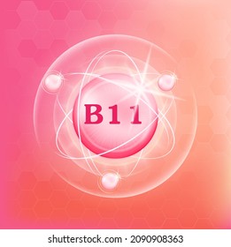 Vitamina B11 estructura de iconos sustancia amarilla rosa. Símbolo médico de la tiamina. Ilustración vectorial. Complejo de vitamina 3D con fórmula química. Atención personal, concepto de belleza Concepto de negocio de drogas