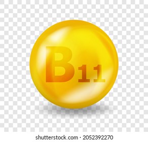 Vitamin B11 L-carnitine. Vitamin complex illustration concept. B11 L-carnitine pill capsule. 3D Yellow drug nutrition design.