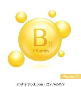 Vitamin B11 L-carnitine. Vitamin complex illustration concept. Golden pill capsule. 3D Yellow drug nutrition design