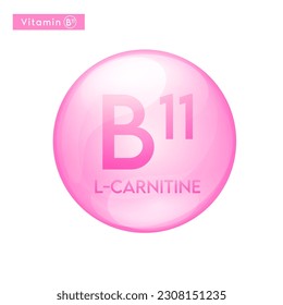 Vitamin B11 (L-carnitine) pink icon 3D. Essential multivitamin supplement. Beauty nutrition skincare. Pill capsule vitamins complex. For cosmetic product design. Medical concept. Vector.