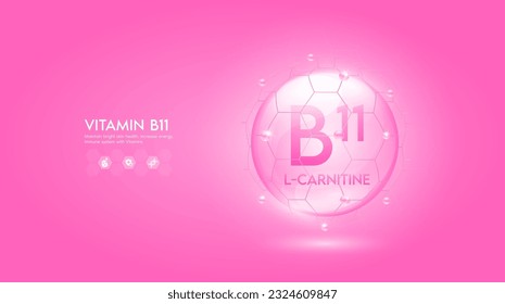 Vitamin B11 pink solution or L-Carnitine. Innovation repair maintain bright skin care anti aging. Vitamins complex and collagen serum. For medical beauty treatment nutrition cosmetic design. Vector.