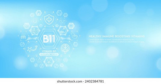 Vitamin B11 or Salicylic Acid with medical icons. Vitamins minerals from natural essential health skin care body organs healthy. Build immunity antioxidants digestive system. Banner vector EPS10.