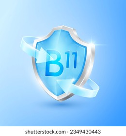 Vitamin B11 shield and blue clear glass arrows. Symbol protection boost immunity the body healthy. Medical health concepts. Icon 3D for advertising nutrition products food. Vector illustration.