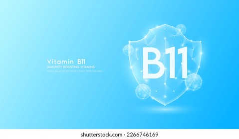 Vitamin B11 shield polygonal translucent blue. Immunity boosting vitamins. Medical innovation protect your body healthy. Shield low poly triangle modern futuristic protection. Banner vector.