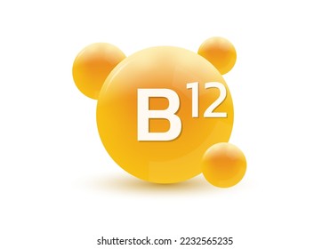 Icono de vitamina B12 3d. Caída del círculo, cápsula o píldora aislada sobre fondo blanco. Diseño de burbujas moléculas. Ilustración vectorial.