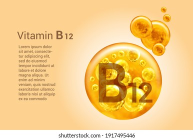 Vitamin B12. Baner with vector images of golden balls with oxygen bubbles. Health concept.