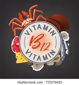 Vitamin B12 banner. Beautiful vector illustration with caption lettering and top foods highest in vitamin B12 isolated on a dark grey background. Useful for leaflet, brochure or poster design