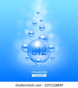 Vitamin B12 blue ball fall to ground. Serum vitamins complex with chemical formula. Beauty treatment nutrition skin care design. Medical and scientific concepts. 3D Realistic Vector EPS10.