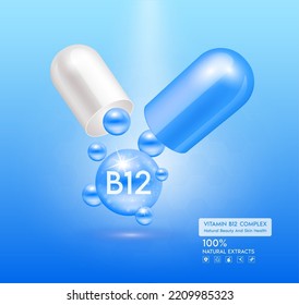 Vitamin B12 blue capsule. Treatment with vitamins complex collagen skincare beauty. Health supplement anti aging. Cosmetic beauty product design. 3D Realistic on pink background. Vector EPS10.