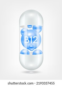 Vitamin B12 blue inside capsule pill transparent white. Health care beauty enhancement neutralize free radicals. Used for nutrition products food template design. 3D Realistic Vector EPS10.