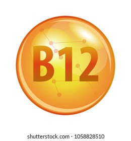 Vitamin B12 capsule. Vector icon for health. Gold shining pill.