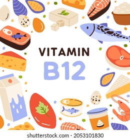 Vitamin B12 card with healthy food frame. Natural nutritious dairy products, milk and fish enriched with B 12 vitamine, cobalamin. Organic nutrition. Colorful flat vector illustration with nutrients
