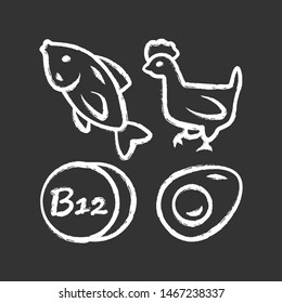 Vitamin B12 chalk icon. Fish, poultry and egg. Healthy eating. Cobalamin natural food source. Proper nutrition. Minerals, antioxidants. Isolated vector chalkboard illustration