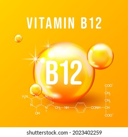 Vitamin B12 chemical formula vector illustration. Realistic Detailed 3d Vitamin B12. Vitamin B12 gold icon. Cobalamin drop pill capsule. Nutrition sign vector concept. The power of vitamin B12