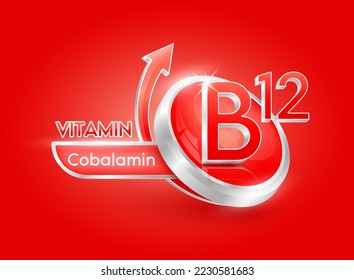Vitamin B12 in circle shape red with arrow. Used for designing dietary supplements or beauty products. Medical concepts. Isolated 3d icon. Vector EPS10 illustration.