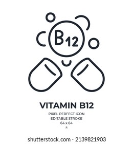 Vitamin B12 cobalamin capsule editable stroke outline icon isolated on white background flat vector illustration. Pixel perfect. 64 x 64.