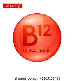 Vitamin B12 (Cobalamin) red icon 3D. Essential multivitamin supplement. Beauty nutrition skincare. Pill capsule vitamins complex. For cosmetic product design. Medical concept. Vector.