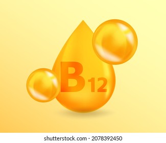 Vitamin B12 Cyanocobalamin. Realistic Vitamin drop B12 Cyanocobalamin design. 3D Vitamin complex illustration concept.