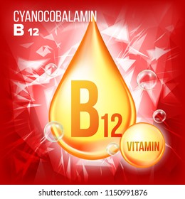 Vitamin B12 Cyanocobalamin Vector. Vitamin Gold Oil Drop Icon. Organic Gold Droplet Icon. For Beauty, Cosmetic, Heath Promo Ads Design. Drip 3D Complex With Chemical Formula. Illustration
