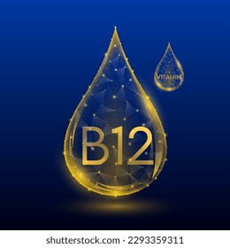 Vitamin B12 drop orange translucent low poly on dark blue background. Vitamins complex skin care anti aging. Multivitamins collagen supplement. Cosmetics nutrition design. Vector EPS 10.