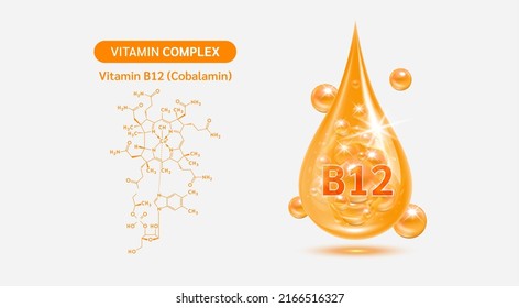 Vitamin B12 drop and structure isolated on white background. Vitamin solution complex orange balls with bubbles. Beauty treatment nutrition skin care design. Medical scientific concepts. 3D vector.