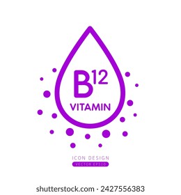 Vitamin B12 dropper icon purple with surrounding bubble collagen isolated on white background. Form simple line for designing medical beauty products. Symbol for use on advertising media. Vector.