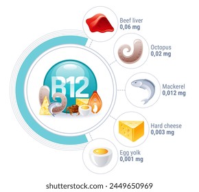 Vitamin B12 and food Icons. Fish, egg, meat and cheese contain cyanocobalamin. Healthy diet infographic with blue vitamin B12 capsule and food icons, vector cartoon illustration. B 12 cyanocobalami