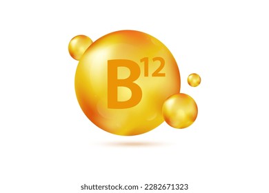 Vitamin B12 gold capsule. Pill capcule vector illustration isolated on white background. Nutrition skin care. Beauty and health vector concept. Cobalamin vitamin drop pill capsule