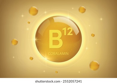 Vitamin B12 Goldsymbol. Cobalamin Vitamin Tropfen Pille Kapsel. Kollagen-Vitamin-Komplex für Kosmetik und medizinisches Design