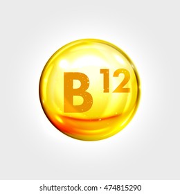 Vitamina B12 ícone de ouro. Cápsula de pílula de gota de vitamina de cobalamina. Brilhante gota de essência dourada. Tratamento de beleza nutrição cuidado da pele design. Ilustração vetorial.