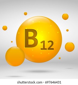 Vitamin B12 gold icon. cobalamin drop pill capsule. Vitamin complex design