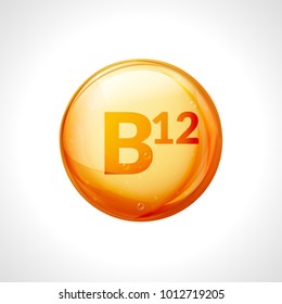 Vitamin B12 gold pill icon. Vitamin complex with B group, cyanocobalamin, hydroxocobalamin medicine.