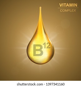 Vitamin B12 gold shining drop icon .Cyanocobalamin Vitamin complex background