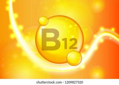 Vitamin B12 gold shining pill capsule icon . Vitamin complex with Chemical formula. shine gold sparkles. medical and pharmaceutical ads. Vector illustration