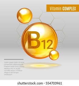 Vitamin B12 gold shining pill capcule icon . Vitamin complex with Chemical formula, group B, Cyanocobalamin, hydroxocobalamin. Shining golden substance drop. Meds for heath ads. Vector illustration